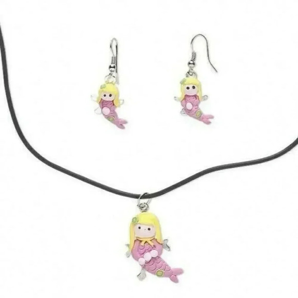 Handmade Pink Mermaid Handmade Fimo Polymer Clay Necklace Earrings Jewelry Set - Picture 1 of 1